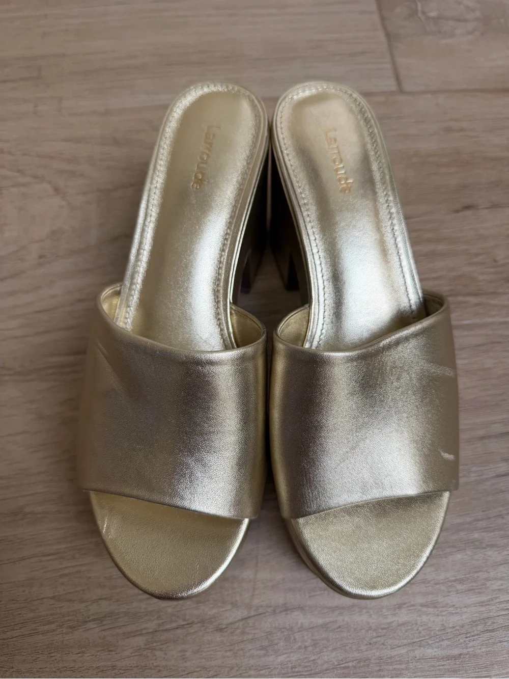 New Larroude Gold Platform Slide Heels -